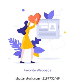 Woman putting red heart on browser window. Concept of bookmarking favorite website, popular webpage, Internet user online preference. Modern flat colorful vector illustration for poster, banner.