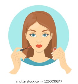 Woman putting red lipstick on her lips. Face makeup, beauty and fashion lifestyle. Isolated vector illustration in cartoon style.