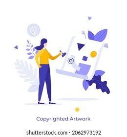 Woman putting stamp on image or painting. Concept of copyrighted artwork, law protection of intellectual property or artist's rights on creative work. Modern flat vector illustration for banner.