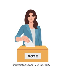 Woman Putting Vote Paper into Election Box. Flat Vector character illustration