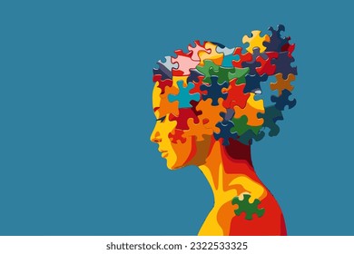 woman with a puzzle brain. Concept for neurodiversity, Disability Pride Month, world brain day, mental health and brain neurological health, autism spectrum disorder