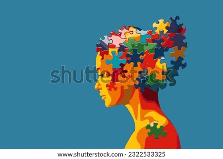woman with a puzzle brain. Concept for neurodiversity, Disability Pride Month, world brain day, mental health and brain neurological health, autism spectrum disorder Foto stock © 