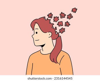 Woman with puzzle head as metaphor for chaos in head and lack of planning to solve tasks. Girl with psychological problems smiles in need of getting rid of chaos in thoughts to achieve mental balance.