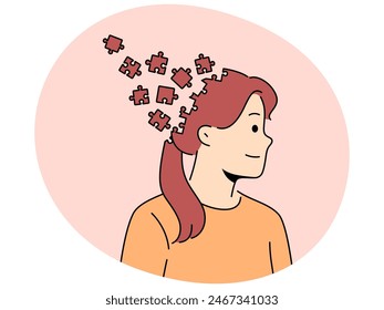 Woman with puzzle head as metaphor for chaos in head and lack of planning to solve tasks. Girl with psychological problems smiles in need of getting rid of chaos in thoughts to achieve mental balance.
