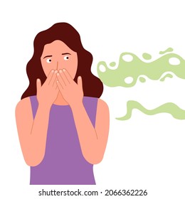 Woman puzzled about the bad smell in flat design on white background. Female cover her nose from unpleasant smell.