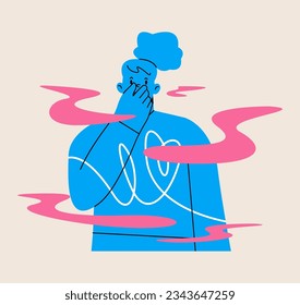 Woman puzzled about the bad smell. Female cover her nose from unpleasant smell. Colorful vector illustration
