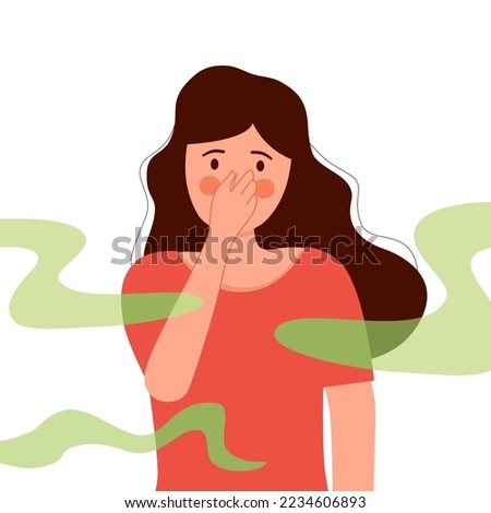 Woman puzzled about the bad smell in flat design on white background. Female cover her nose from unpleasant smell. Foto d'archivio © 