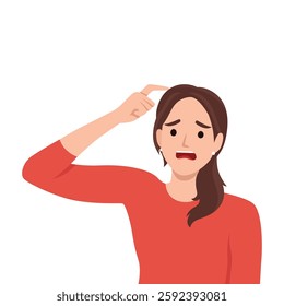 Woman with a puzzled and distressed expression scratches her head. Flat vector illustration isolated on white background