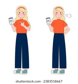 Woman with QR code concept Set. Woman with smartphone reads bar code and paying problem fail or reject on screen. Modern technologies. Cartoon flat vector illustration.