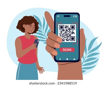 Woman with QR code concept. Woman with smartphone reads bar code. Modern technologies and innovations. Electronic commerce, online shopping and shortened link. Cartoon flat vector illustration