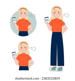 Mujer con concepto de código QR. Mujer con smartphone lee código de barras. error de pago o rechazo en pantalla. Comercio electrónico, compras en línea y enlaces abreviados. Dibujo vectorial plano de dibujos animados.
