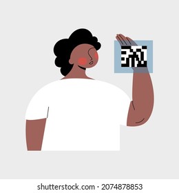 Woman with QR code of the Covid vaccine or digital vaccination certificate. New normal travel of tourism concept. Vaccinated person show health passport to entry. Flat vector cartoon illustration