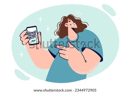 Woman with QR code on phone points to gadget with data confirming registration for event or giving right to access services. Girl uses QR technology to pay for goods through online banking
