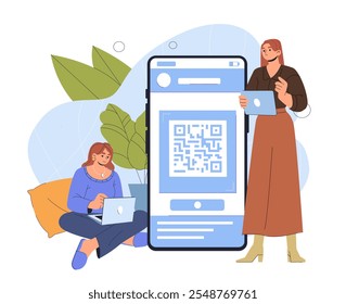 Mujer con código QR. Mujeres con tabletas cerca de un enorme teléfono inteligente. Transferencias y transacciones Electrónicas. Tecnologías modernas y Enlaces acortados. Ilustración vectorial plana aislada sobre fondo blanco