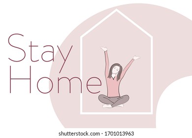 Woman in quarantine. Self quarantine and and social distancing concept. Stay home. COVID-19 coronavirus. Template for background, banner, poster with text inscription. Vector EPS10 illustration