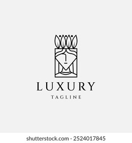 woman queen logo with leaf crown in square line art design style