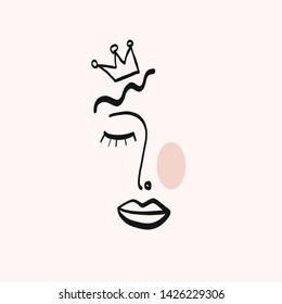 Woman queen single line drawing. Minimal simple portrait. Female face icon. Cute trendy vector illustration 