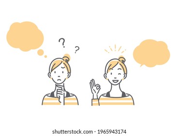 Woman with question and answer, set. Simple line art illustrations