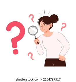 A Woman With A Question. Curiosity Or Question Concept Figure Vector Illustration.