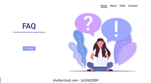 woman with question exclamation marks in chat bubble using laptop online support center frequently asked questions FAQ concept full length copy space horizontal vector illustration