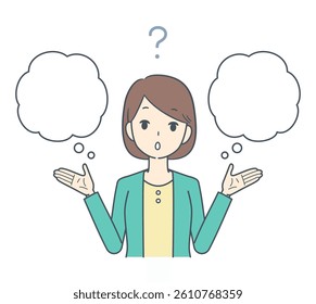 A woman with a question mark above his head, unsure and thinking between two choices or ideas.