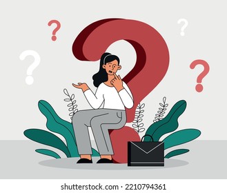 Woman with question mark. FAQ, frequently asked Questions. Feedback and technical support, online consultations. Information and knowledge. Poster or banner for site. Cartoon flat vector illustration