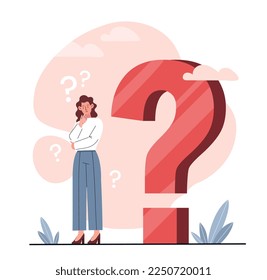 Woman with question mark. Information and answers to frequently asked questions, advice and feedback. Poster or banner for website. Puzzle and uncertainty concept. Cartoon flat vector illustration