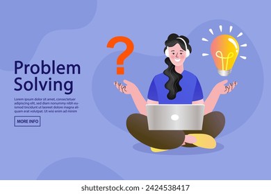 woman with question mark and light bulb. Woman thinking - trying to find a solution. Girl is confusing. Problem solving concept. Creative idea. flat vector design illustration.