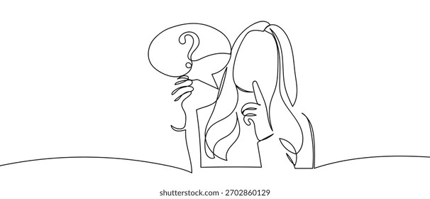 Mujer y signo de interrogación, una línea continua Estilo lineal simple minimalista. Ilustración de contorno de Vector.