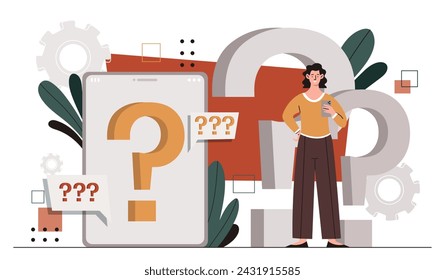 Mujer con problema de signo de interrogación. Chica joven en busca de información y conocimiento. Preguntas frecuentes. Usuario con guía o manual, instrucción. Ilustración de vector plano de dibujos animados