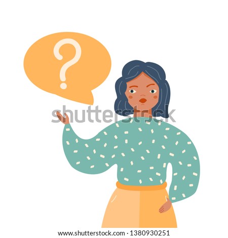 Woman with question mark in speech bubble. Vector hand drawn illustration.