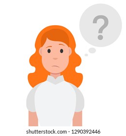 Woman with question mark in think bubble. Vector illustration.