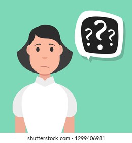 Woman with question mark in think bubble. Vector illustration.