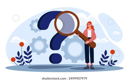 Woman with question mark. Young girl with magnifying glass near huge question mark. Education and training. Knowledge and information. Flat vector illustration isolated on white background