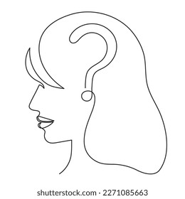 Woman with question mark,one line art,hand drawn asking sign continuous contour,idea minimalist design.Query FAQ concept,finding answer.Editable stroke.Isolated.Vector illustration