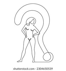 Woman with question mark,one line art,hand drawn asking sign continuous contour,idea continuous contour,minimalist design.Query FAQ concept,finding answer.Editable stroke.Isolated.Vector illustration