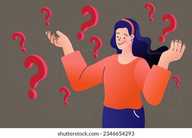 woman with question marks all around. Choice or problem solving. girl confused thinking with lots. Choice, thinking, doubt, problem concept. Vector illustration.