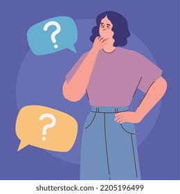 mujer con signos de interrogación en burbujas