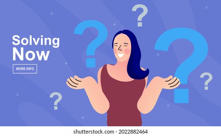 Woman with question marks solving problems. girl with a problem and with a solution. smart lady thinking. Flat cartoon vector illustration.