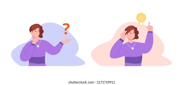 Woman question and solutions. Person thoughts think about idea, thoughtful character ask problem, entrepreneur brainstorm cartoon vector illustration. Character question problem
