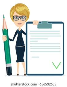 woman with a questionary and big green pencil. Stock vector illustration for poster, greeting card, website, ad, business presentation advertisement design
