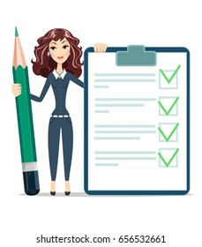 woman with a questionary and big green pencil. Stock vector illustration for poster, greeting card, website, ad, business presentation advertisement design