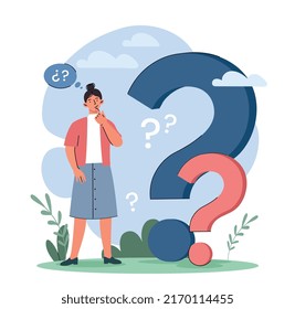 Woman with questions. Thoughtful character trying to solve life problem, difficulties at work. Brainstorming and creativity. Girl evaluates options, makes decision. Cartoon flat vector illustration