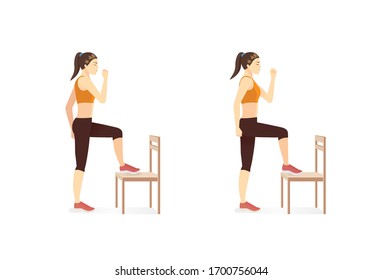 La mujer rápidamente se alternaba levantando las rodillas para golpear ligeramente el asiento con los dedos de los pies. Ilustración sobre cómo hacer la postura de Sillón de entrenamiento con toe Taps.