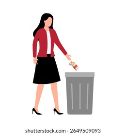 Woman quit smoking. Self victory, self improvement, street, garbage, healthy lifestyle. Danger and potential lung cancer, self care. Young girl throws away cigarettes. Cartoon flat vector illustration