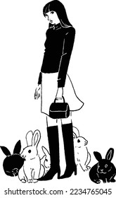 Woman with rabbit, boots and mini-skirt