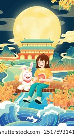 Woman and rabbit watching the scenery on the bridge during Mid-Autumn Festival