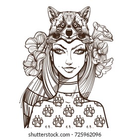 Woman with a raccoon mask. Beautiful girl in a hat in the form of raccoon head. Contour illustration for tattoos and dazain clothes, posters, fashion shows.