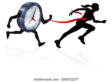 Woman racing against a clock character beating it to the finish line