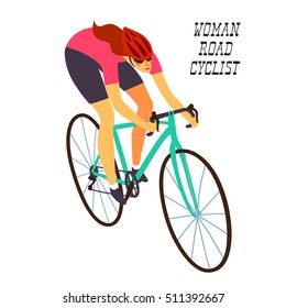 Woman racing cyclist in action. Fast road biker. Editable vector illustration. 